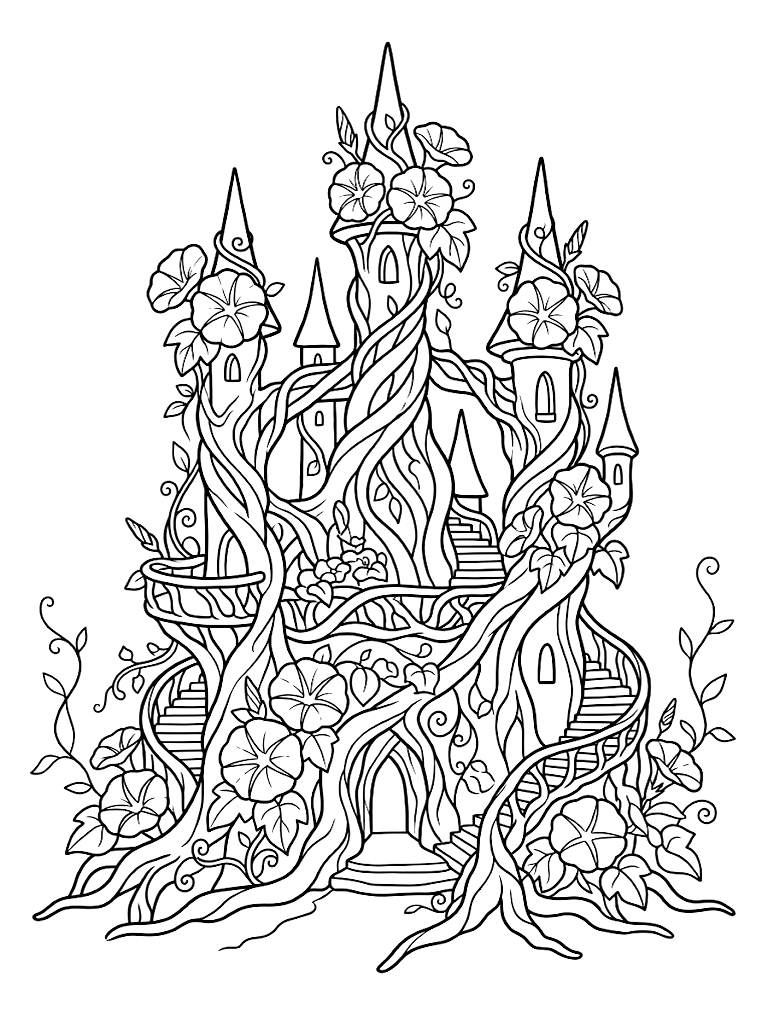 Enchanted Faerie Castle Woven Entirely Out Of Living Tree Roots Glowing Vines And Massive Blooming Morning Glory Flowers Coloring Page