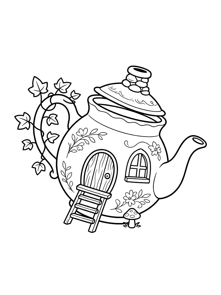 Enchanted Fairy House Built Inside A Discarded Vintage Porcelain Teapot With Ivy Growing Up The Handle Coloring Page
