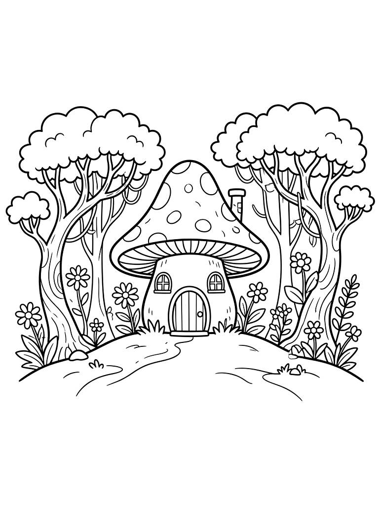 Enchanted Forest & Mushroom House Coloring Page