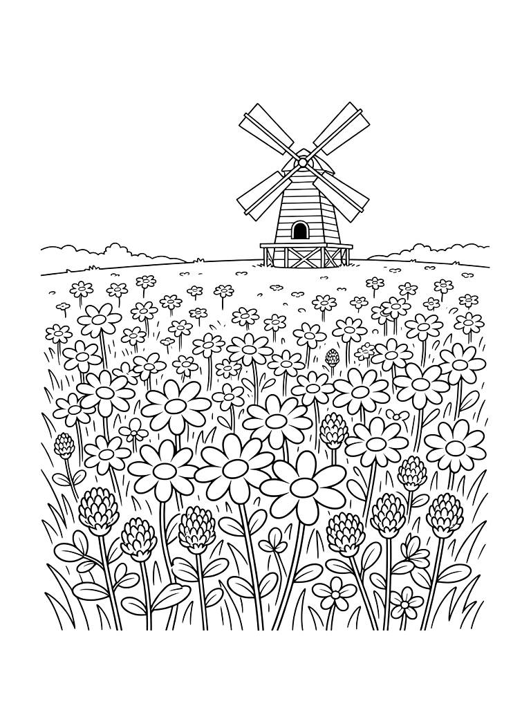Endless Field Of White Oxeye Daisies And Red Clover With A Distant Wooden Windmill Coloring Page