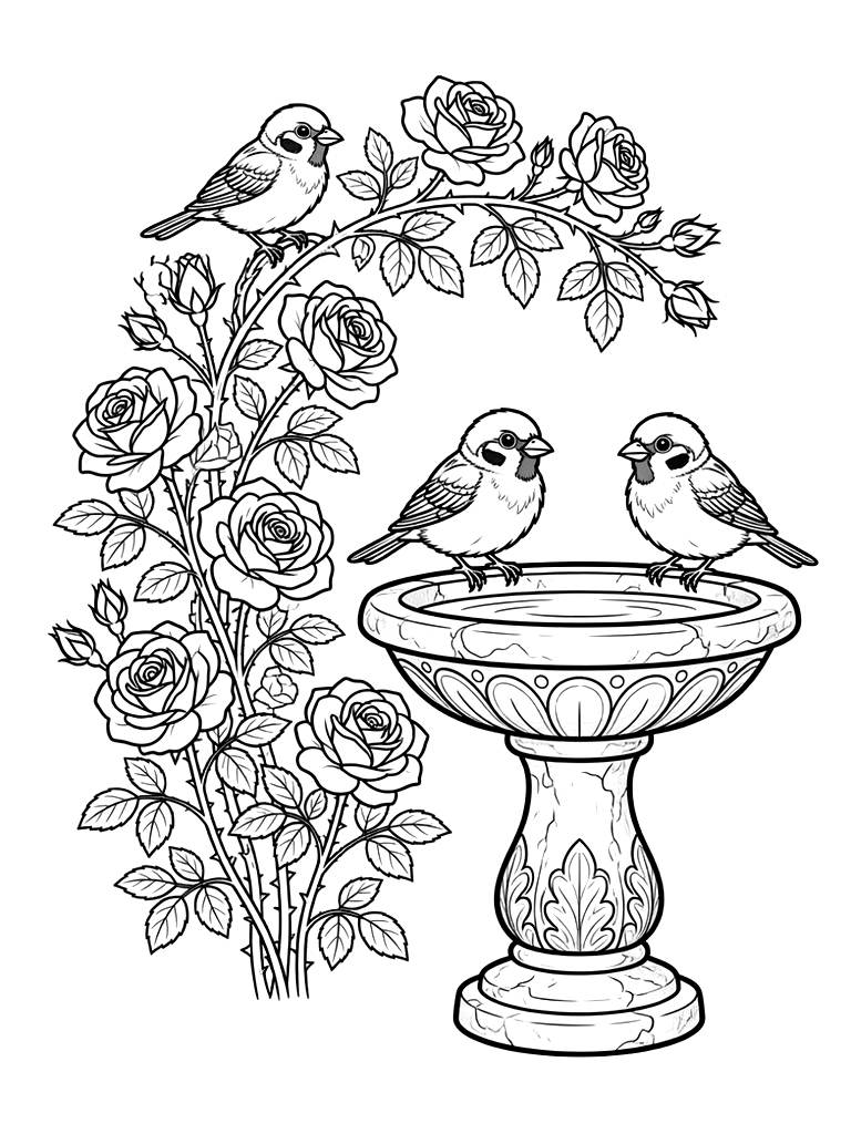 English Climbing Rose Bush With A Stone Birdbath And Sparrows Coloring Page