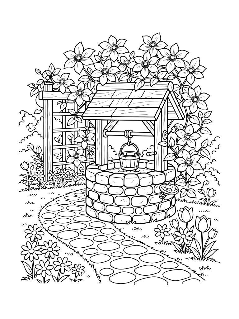 English Cottage Garden Path With A Stone Well And Climbing Purple Clematis Flowers Coloring Page