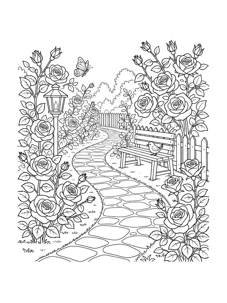 English Rose Garden Path Coloring Page