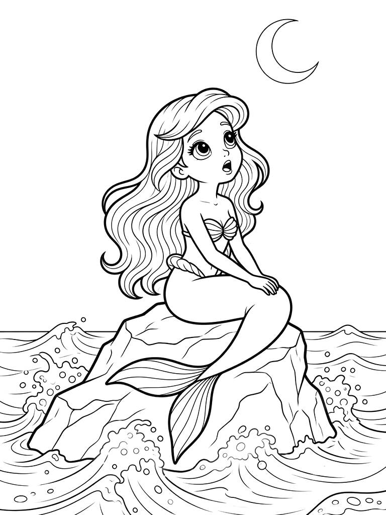 Ethereal Mermaid Sitting On A Coastal Rock At Twilight Singing To The Ocean Waves Under A Crescent Moon With Glowing Sea Foam Coloring Page