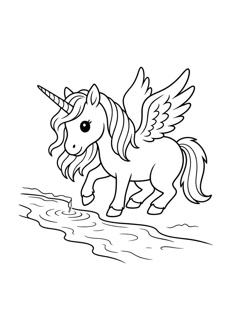 Ethereal Unicorn Drinking From A Crystal Clear Forest Stream Coloring Page