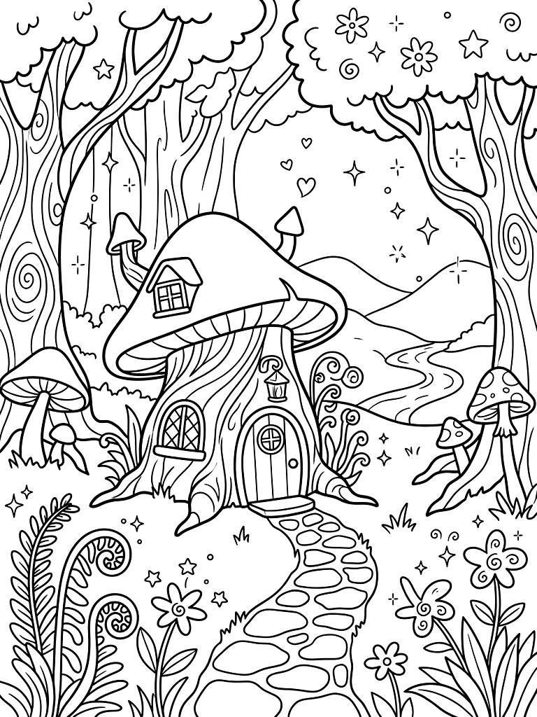 Fairy Cottage And Magical Enchanted Forest Coloring Page