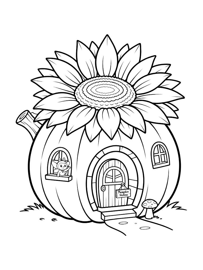 Fairy Cottage Built Inside A Hollowed-out Pumpkin With A Sunflower Roof Coloring Page