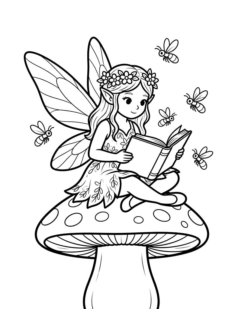 Fairy Sitting On A Spotted Toadstool Reading A Book By Firefly Light Coloring Page