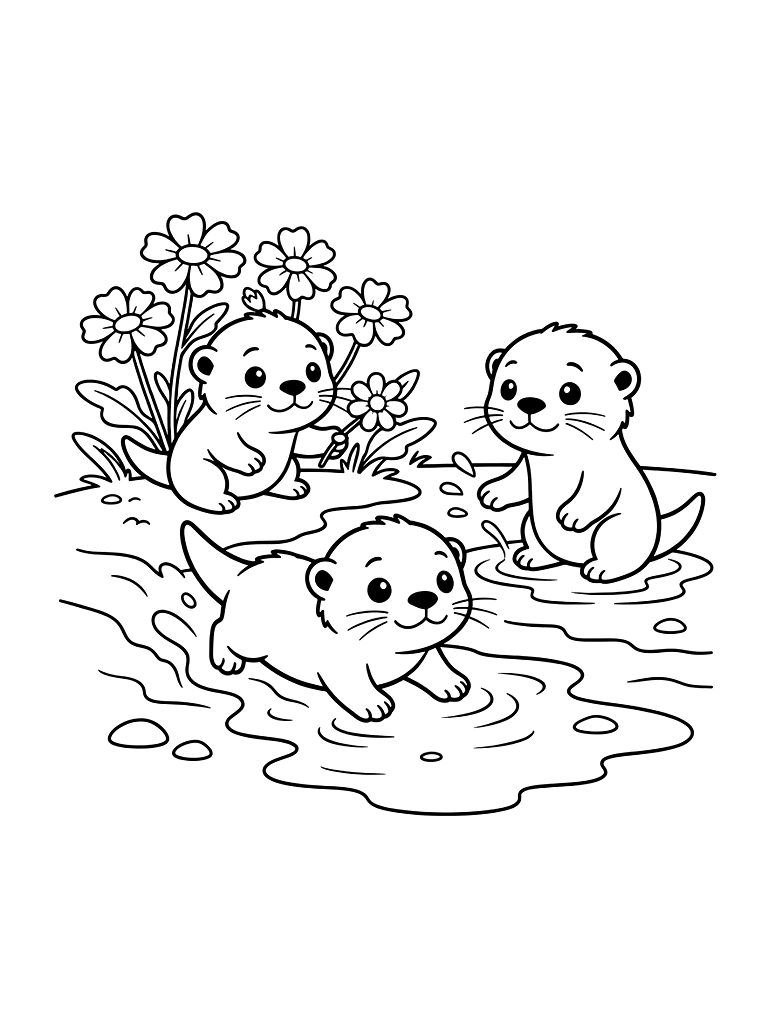 Family Of Baby River Otters Playing On A Muddy Bank With Blooming Marsh Marigolds Coloring Page