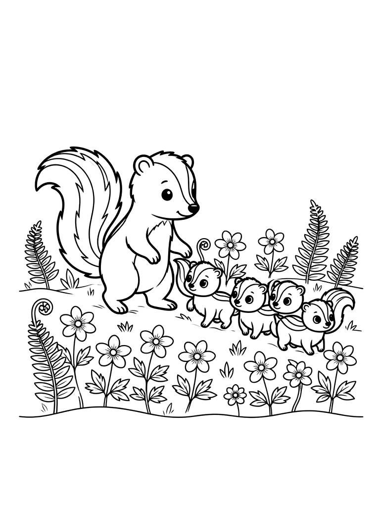 Family Of Baby Skunks Following Their Mother Through A Field Of White Wood Anemones And Budding Ferns Coloring Page