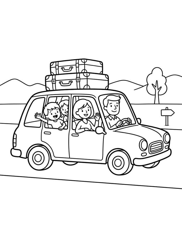 Family On A Road Trip In A Car With Suitcases Coloring Page