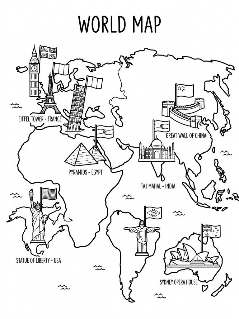 Famous Landmarks On World Map With Flags Coloring Page