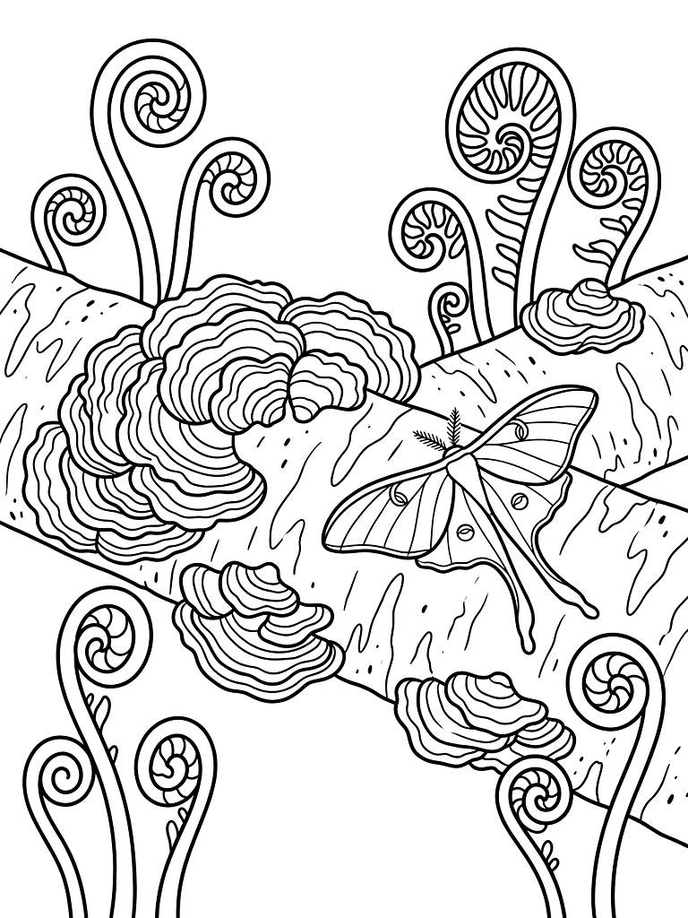 Fan-Shaped Turkey Tail Mushrooms Growing On A Fallen Birch Log Surrounded By Unfurling Fiddlehead Ferns And A Resting Luna Moth Coloring Page