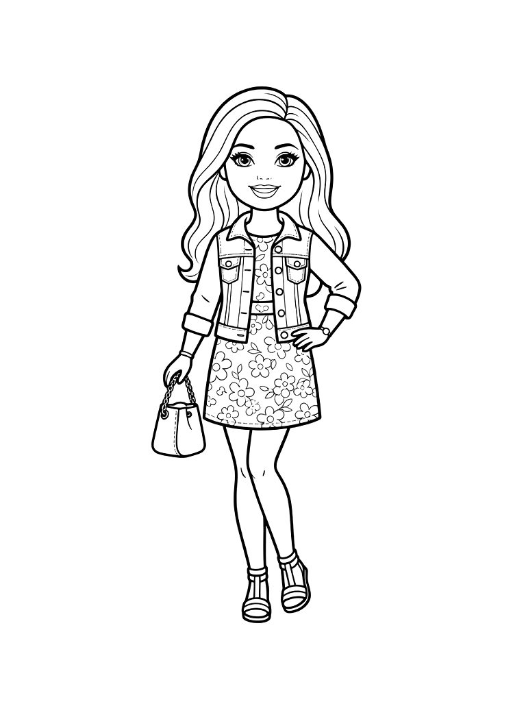 Fashion Doll Wearing A Trendy Spring Outfit With A Tiny Handbag Coloring Page