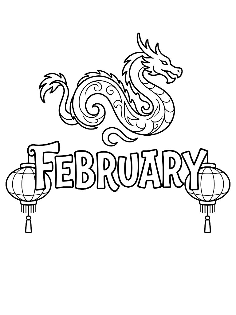 February Lettering Illuminated By Glowing Traditional Chinese Paper Lanterns And A Beautiful Curling Dragon Silhouette Coloring Page