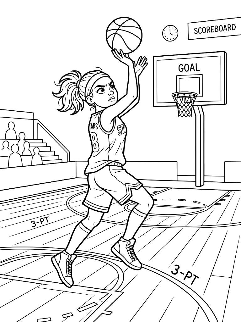 Female Basketball Player Executing A Flawless Step-Back Three-Point Jump Shot With Intense Focus On A Professional Hardwood Court Coloring Page