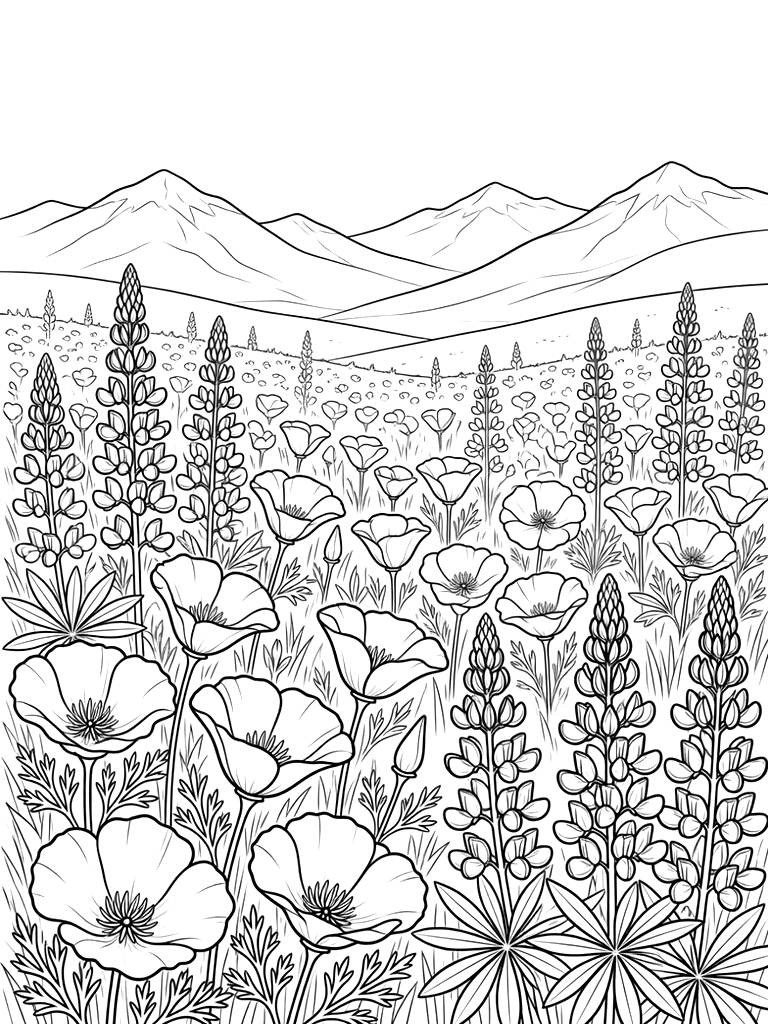 Field Of California Poppies And Blue Lupines With A Distant Mountain View Coloring Page