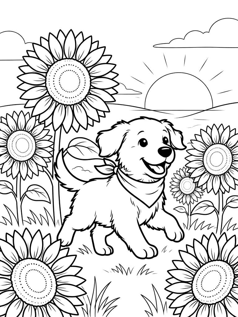 Field Of Giant Sunflowers At Sunset With A Golden Retriever Puppy Running Through Them Coloring Page