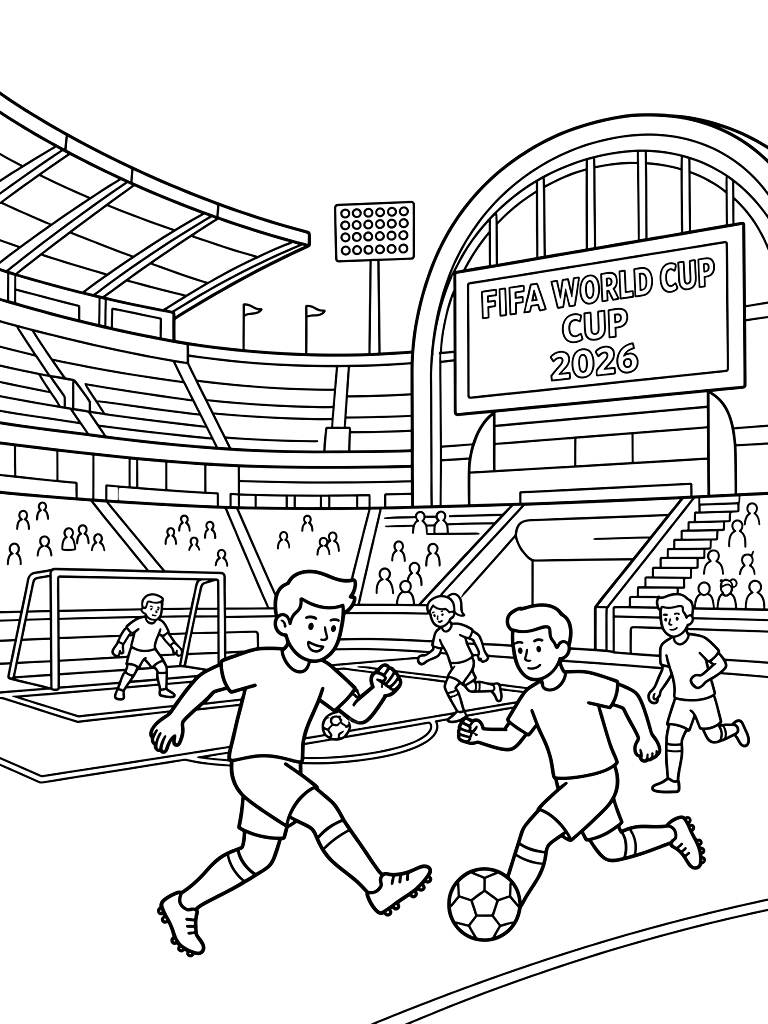 FIFA World Cup 2026 Stadiums And Soccer Action Coloring Page