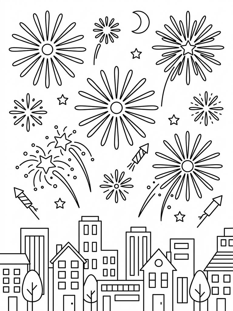 Fireworks Lighting Up The Night Sky Over A City Coloring Page