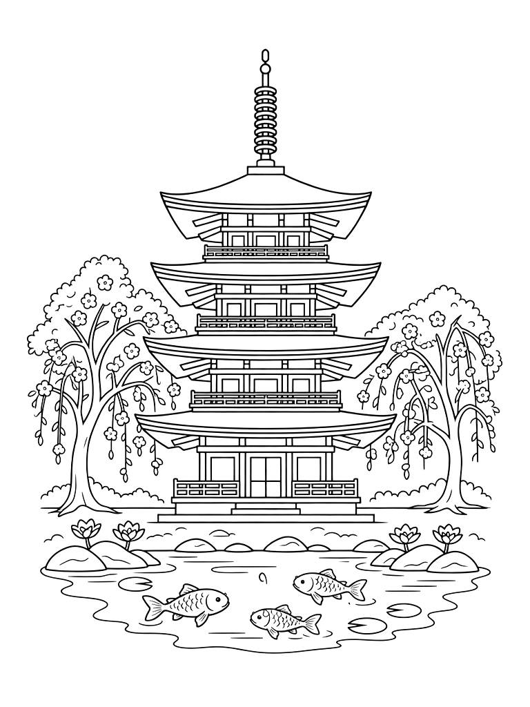 Five-story Pagoda Framed By Weeping Cherry Blossoms And A Koi Pond Coloring Page