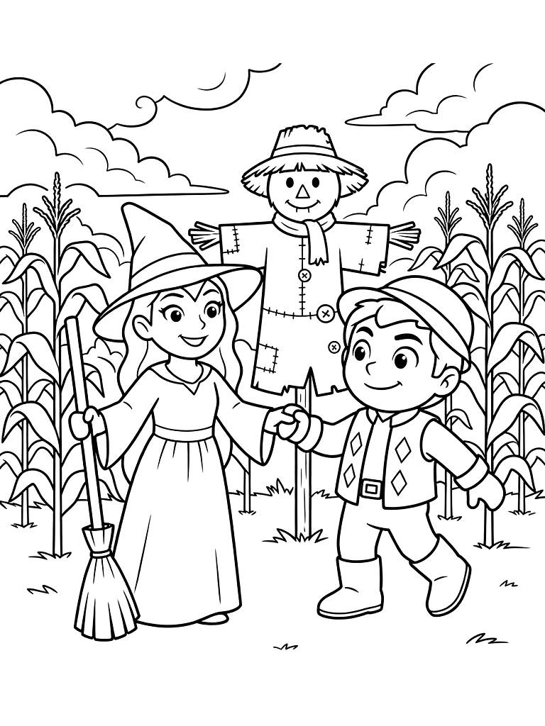 Fiyero And Elphaba In The Cornfield Scene With The Scarecrow And Dramatic Clouds Coloring Page