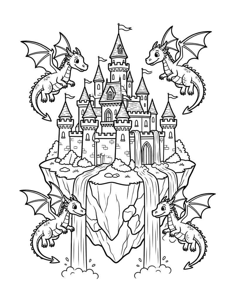 Floating Island Castle With Cascading Waterfalls And Soaring Dragons Coloring Page