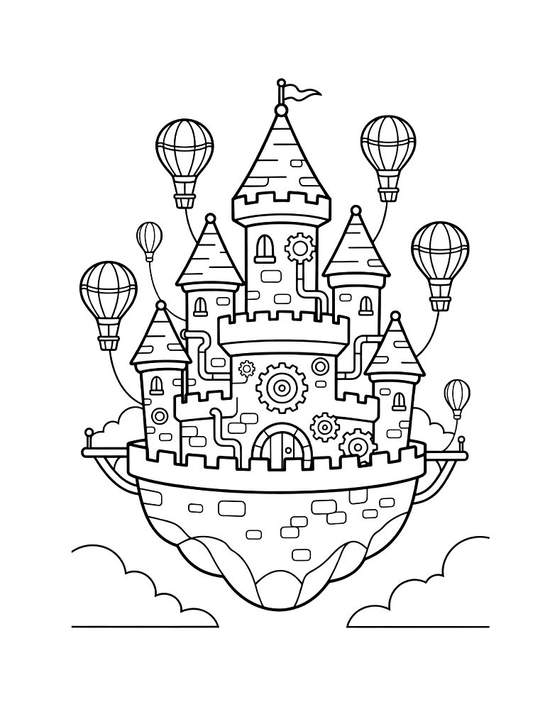 Floating Steampunk-inspired Castle With Brass Gears Coloring Page