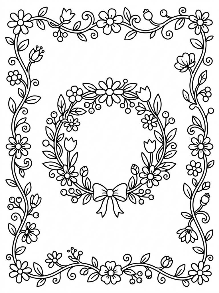 Floral Vine & Wreath Border Patterns Coloring Page