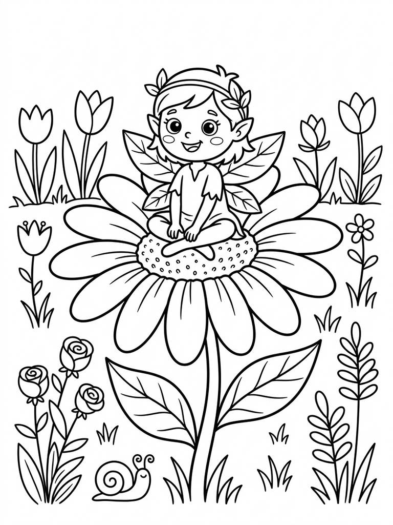 Flower Fairy / Fairy Sitting On A Giant Flower Or Flower Garden Coloring Page