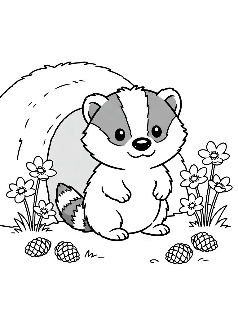 Fluffy Baby Badger Cub Peeking Out Of A Den Surrounded By White Wood Anemones And Fallen Pinecones Coloring Page