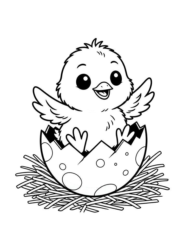 Fluffy Baby Chick Hatching From A Spotted Egg On Hay Coloring Page