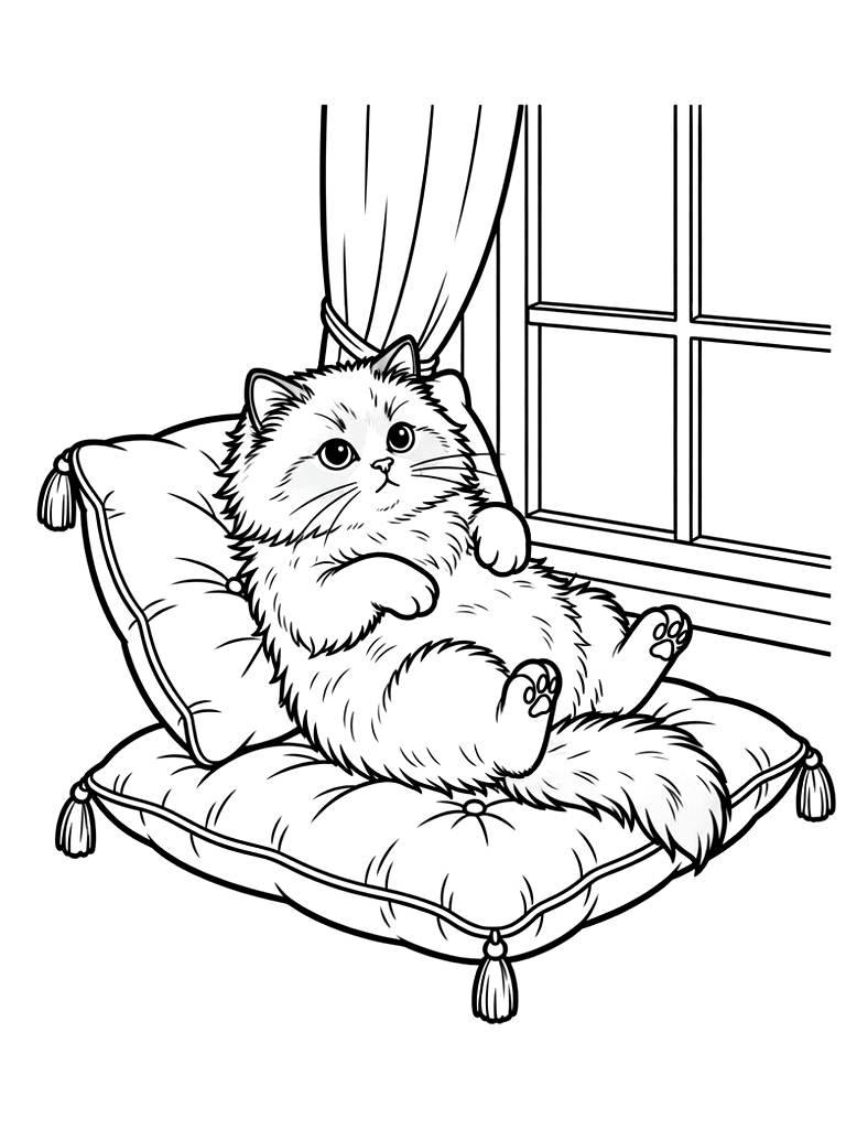 Fluffy Ragdoll Cat Lounging On A Velvet Cushion By A Window Coloring Page
