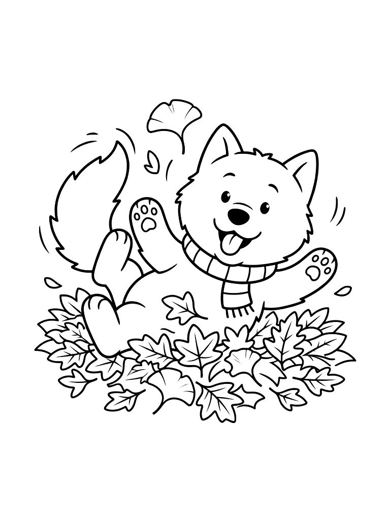 Fluffy Samoyed Dog Playing In A Pile Of Fallen Autumn Leaves With A Wagging Tail Coloring Page