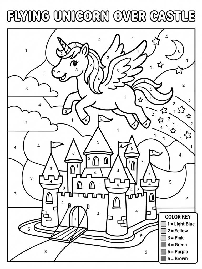 Flying Unicorn Over Castle Color By Number Coloring Page