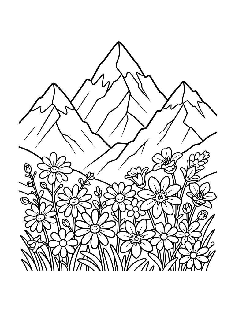 Foreground Of Colorful Alpine Wildflowers Leading Up To Sharp Coloring Page