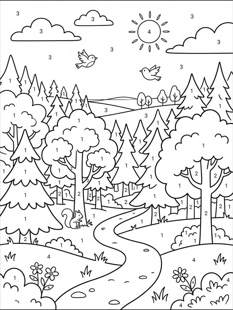 Forest And Trees Color By Number Coloring Page