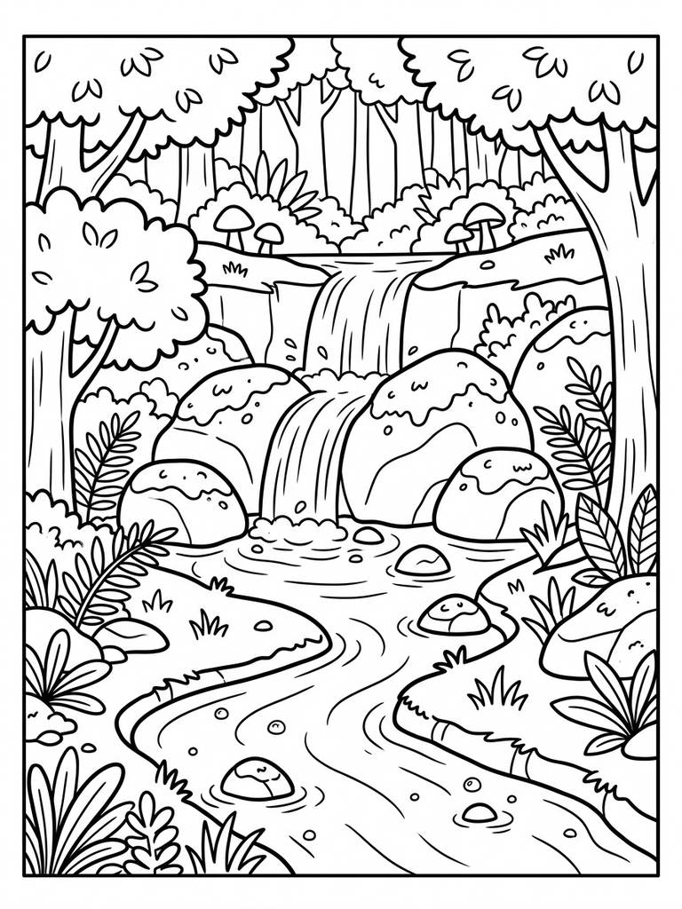 Forest Stream / Waterfall With Mossy Rocks Coloring Page