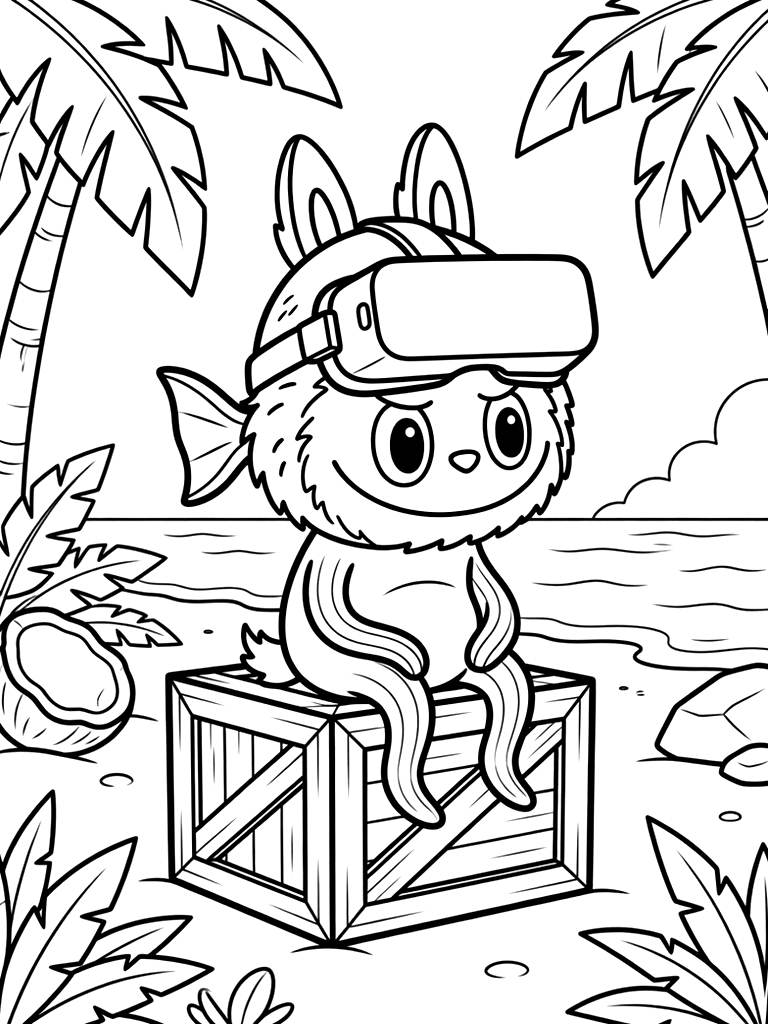 Fortnite Fishstick Skin Wearing A VR Headset And Sitting On A Wooden Crate In A Tropical Location Coloring Page