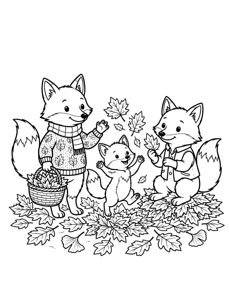 Fox Family In Autumn Leaves Coloring Page
