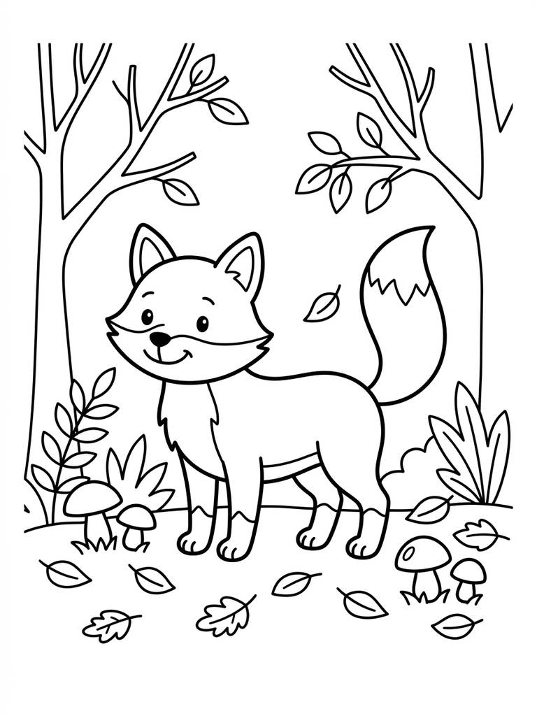 Fox In Autumn Forest Or With Mushrooms Coloring Page