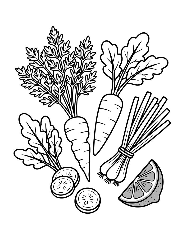 Fresh Farmers Market Flatlay Featuring Heirloom Carrots With Leafy Greens Coloring Page