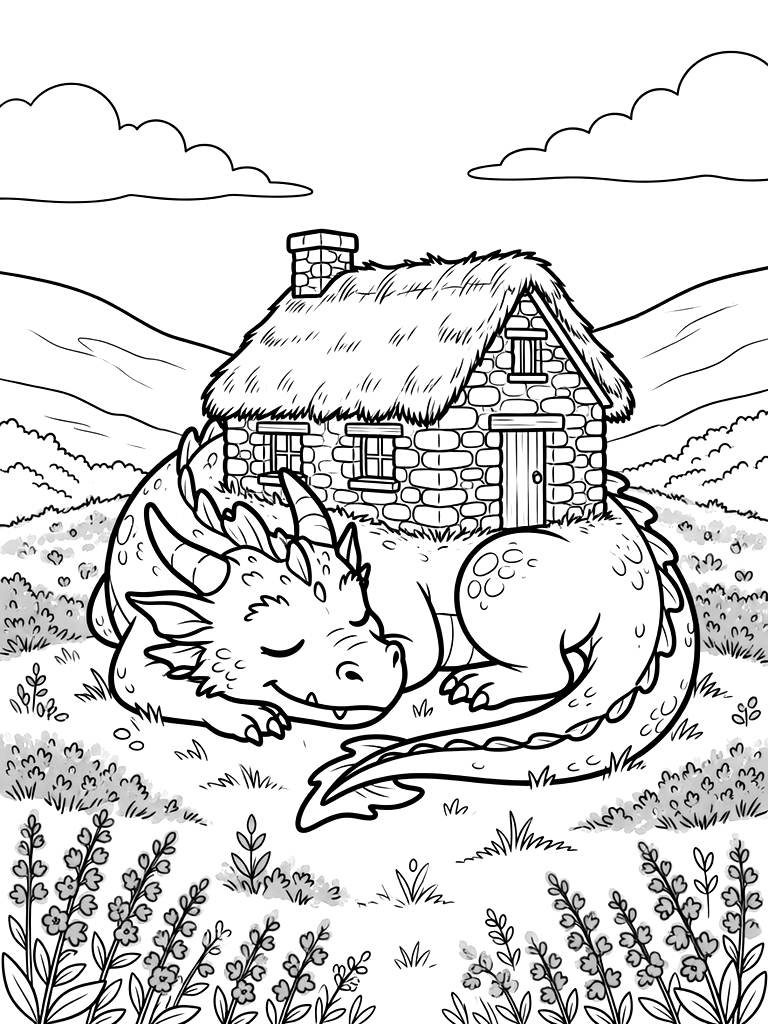 Friendly Forest Dragon Curled Up Asleep Around A Cozy Rustic Stone Cottage In A Valley Of Blooming Purple Heather Coloring Page