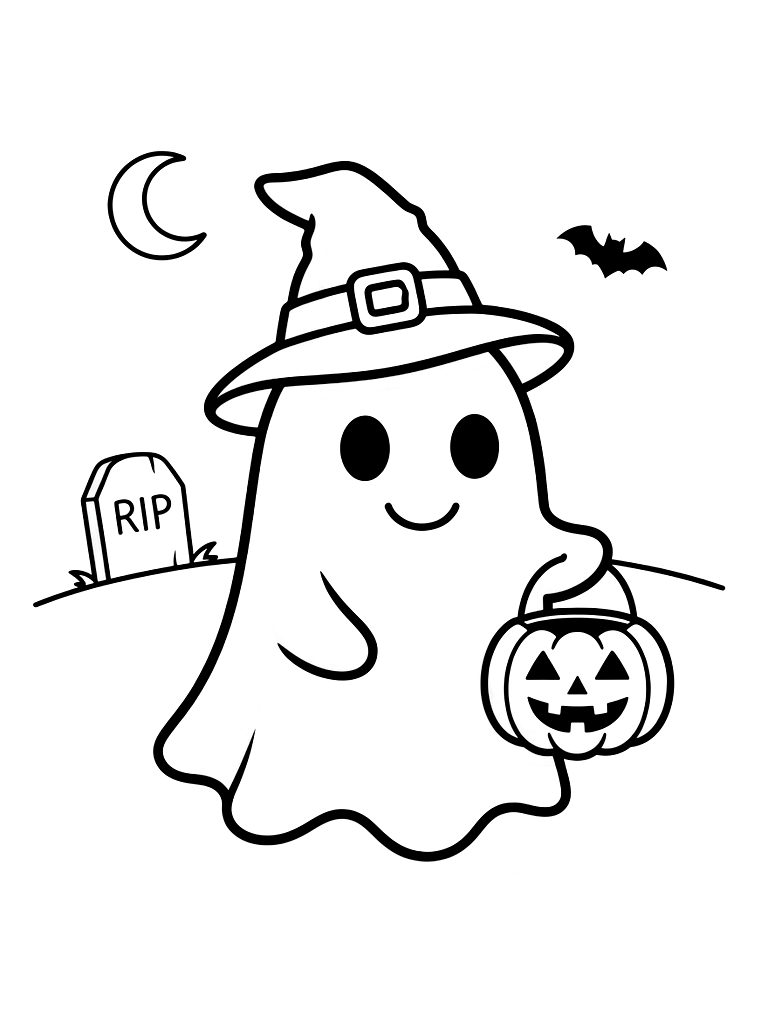 Friendly Ghost Holding A Pumpkin Bucket And Wearing A Witch Hat In A Moonlit Graveyard Coloring Page