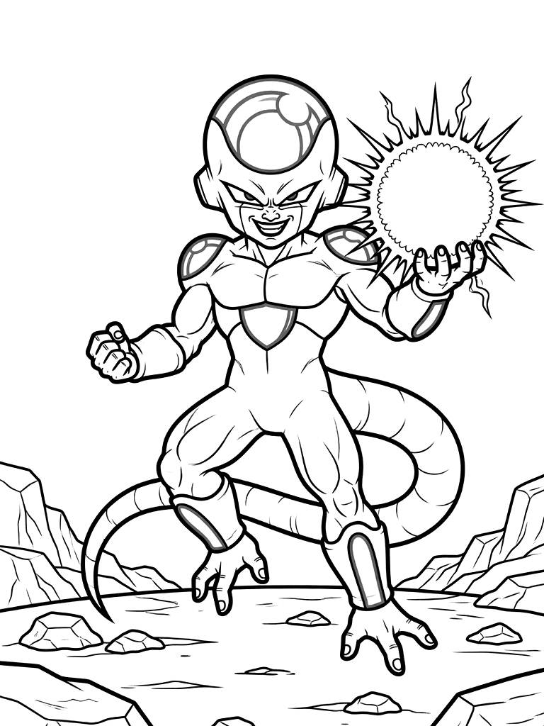 Frieza In His Final Form Standing On A Rocky Planet With A Sinister Purple Energy Ball Coloring Page