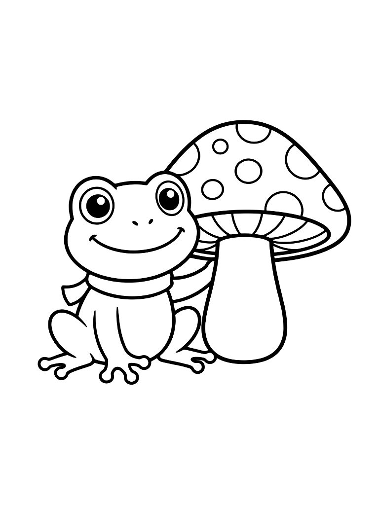 Frog And Spotted Mushroom Coloring Page
