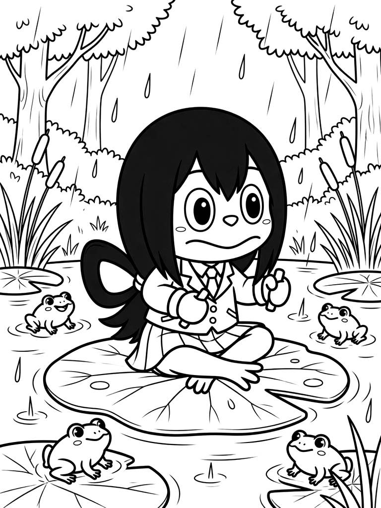 Froppy Tsuyu Asui Sitting Happily On A Giant Lily Pad In A Rainy Forest Pond With Small Cute Frogs Swimming Around Her Coloring Page