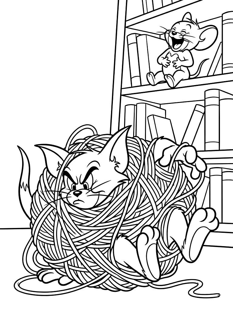 Frustrated Tom Cat Completely Tangled In A Giant Ball Of Pink Yarn While Jerry Mouse Laughs Hysterically From A Tall Bookshelf Coloring Page