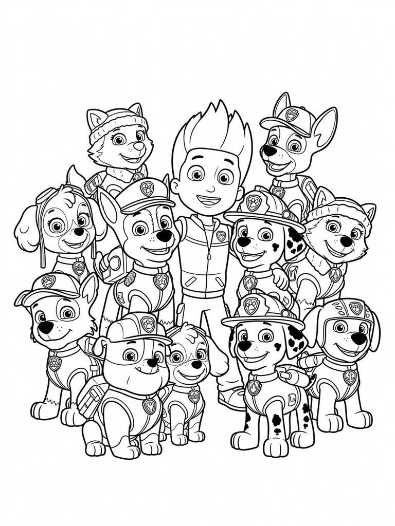 Full Paw Patrol Team Group Pose / All Pups Together Coloring Page