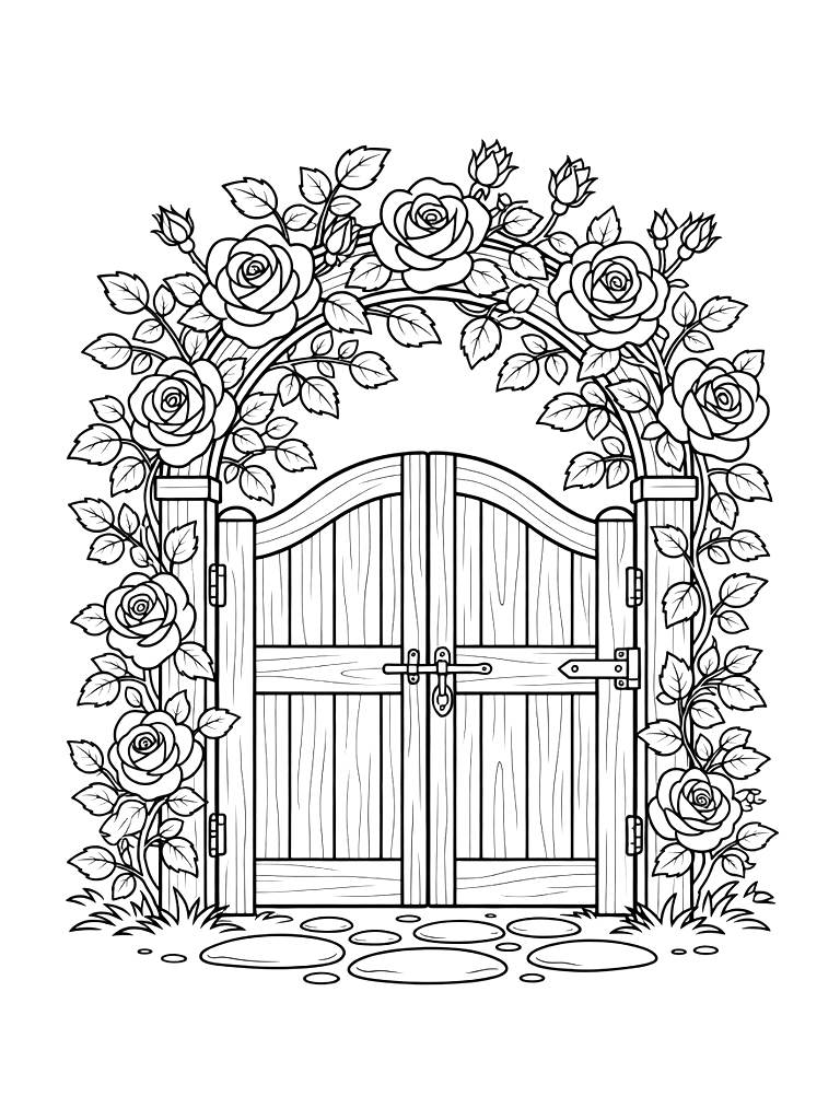 Garden Gate With Climbing Roses Coloring Page